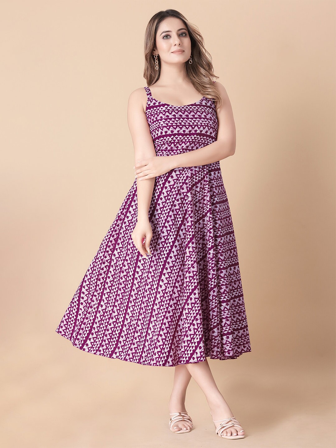 

N N ENTERPRISE Pink Print Crepe Fit & Flare Midi Dress