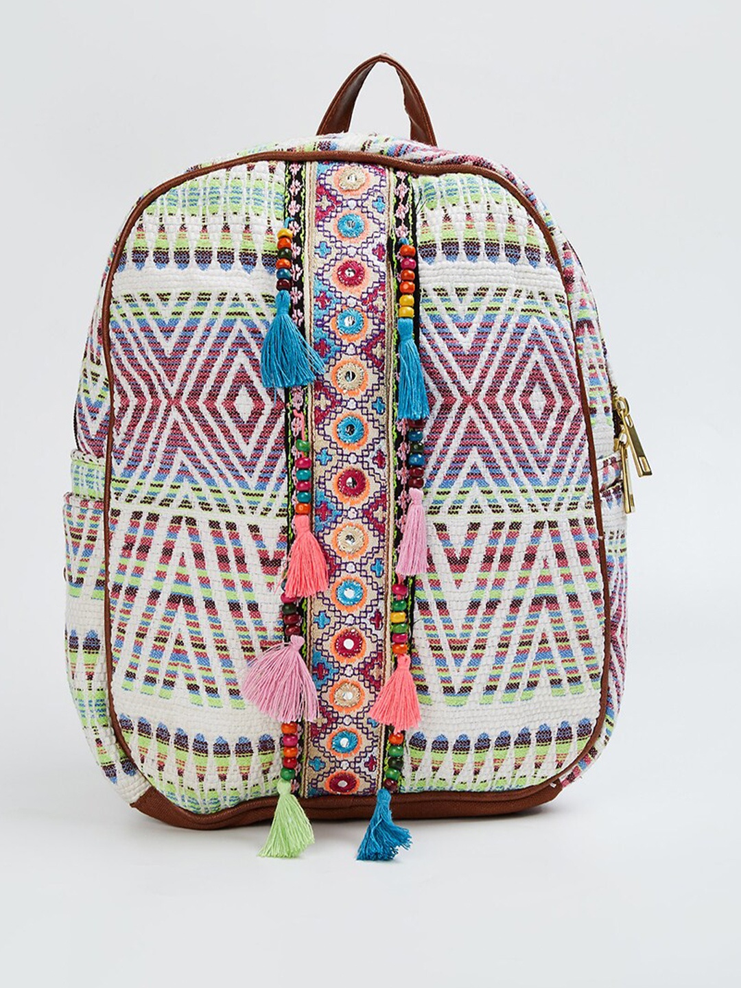 

max Women Geometric Printed Cotton Canvas Backpack With Tasselled, White