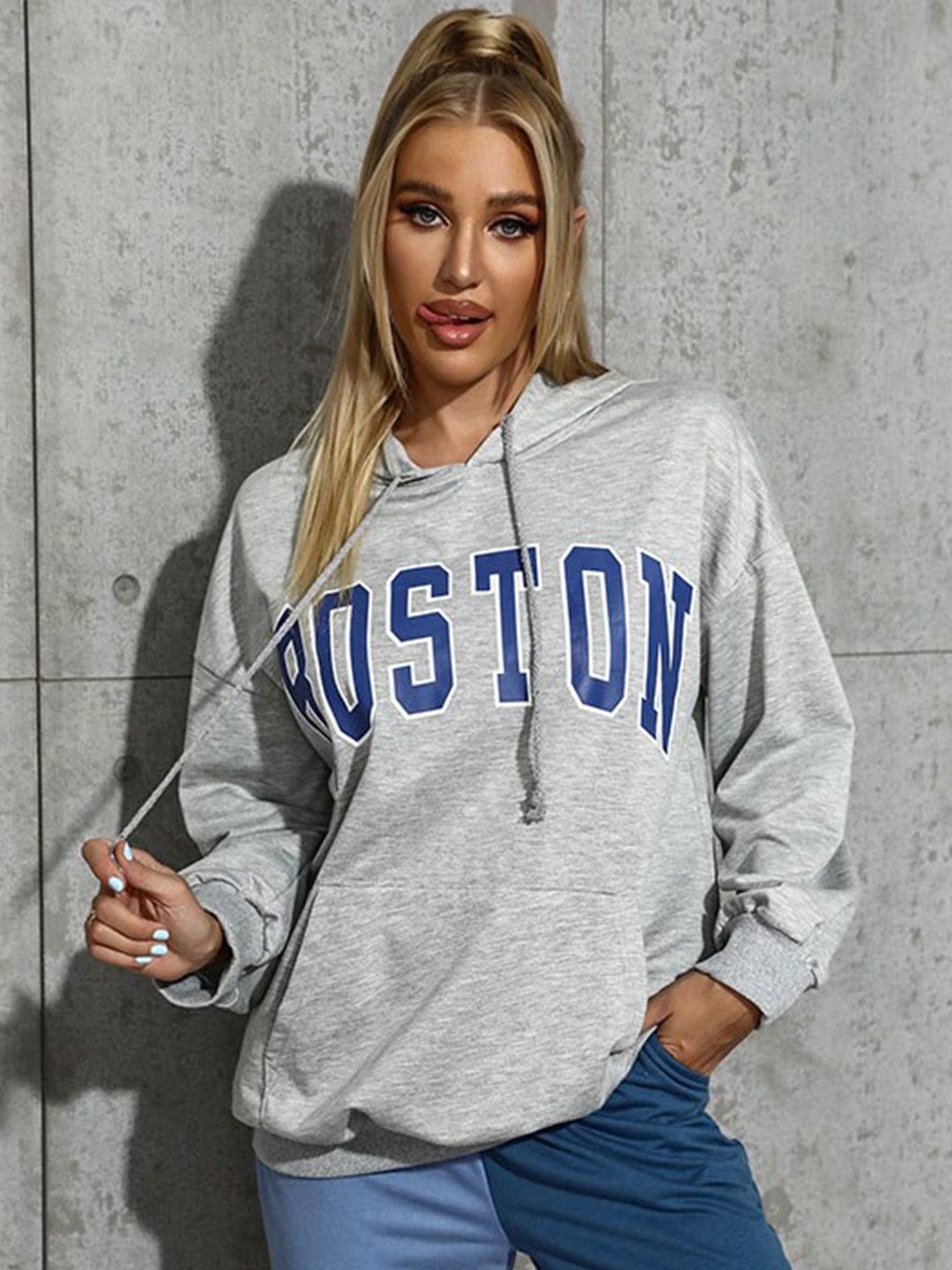 

StyleCast Grey Typography Printed Hooded Neck Long Sleeve Pullover Sweatshirt