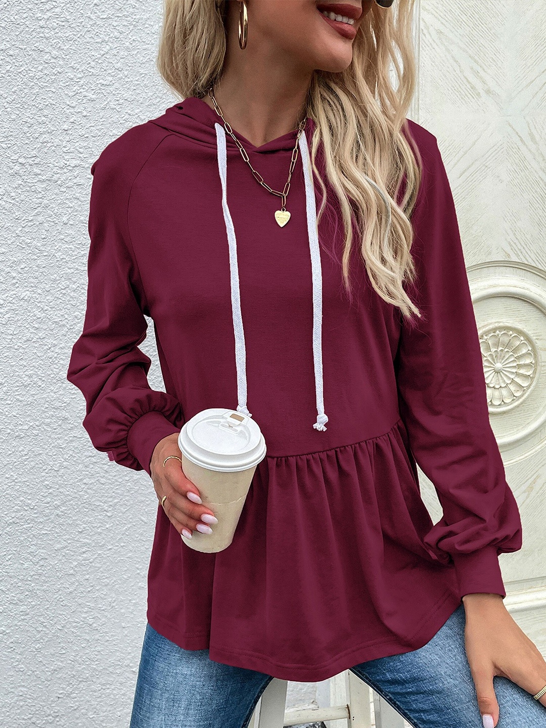 

StyleCast Burgundy Hooded Neck Long Sleeve Pullover Sweatshirt