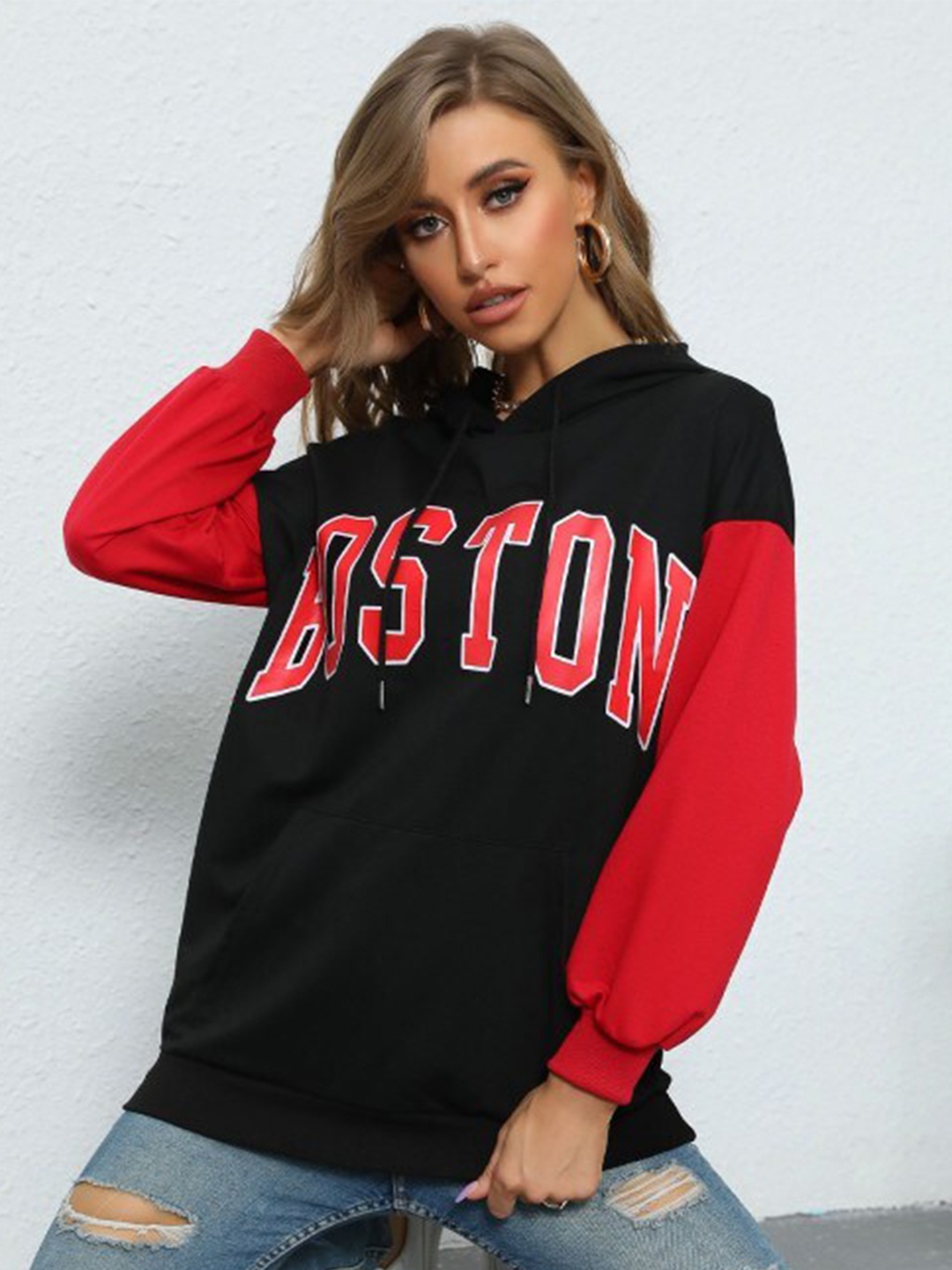 

StyleCast Black Typography Printed Hooded Neck Long Sleeve Pullover Sweatshirt