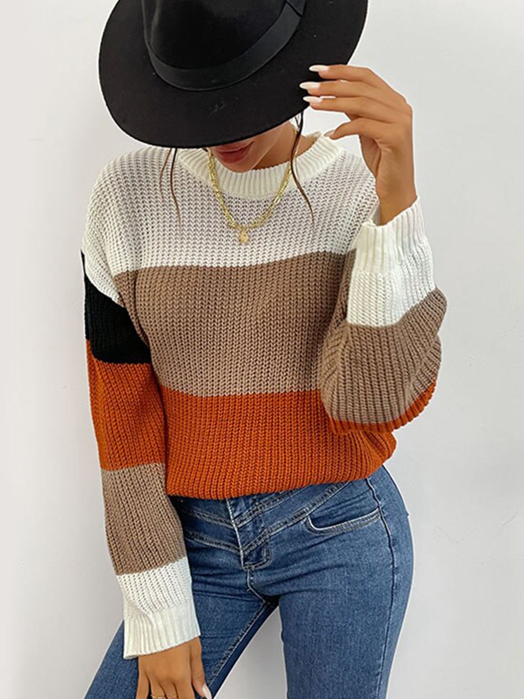 

StyleCast Khaki Colourblocked Round Neck Pullover Sweater