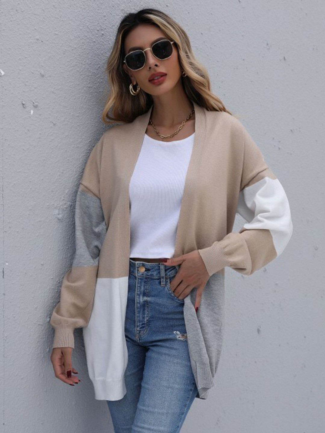 

StyleCast Khaki Colourblocked Front Open Longline Sweater