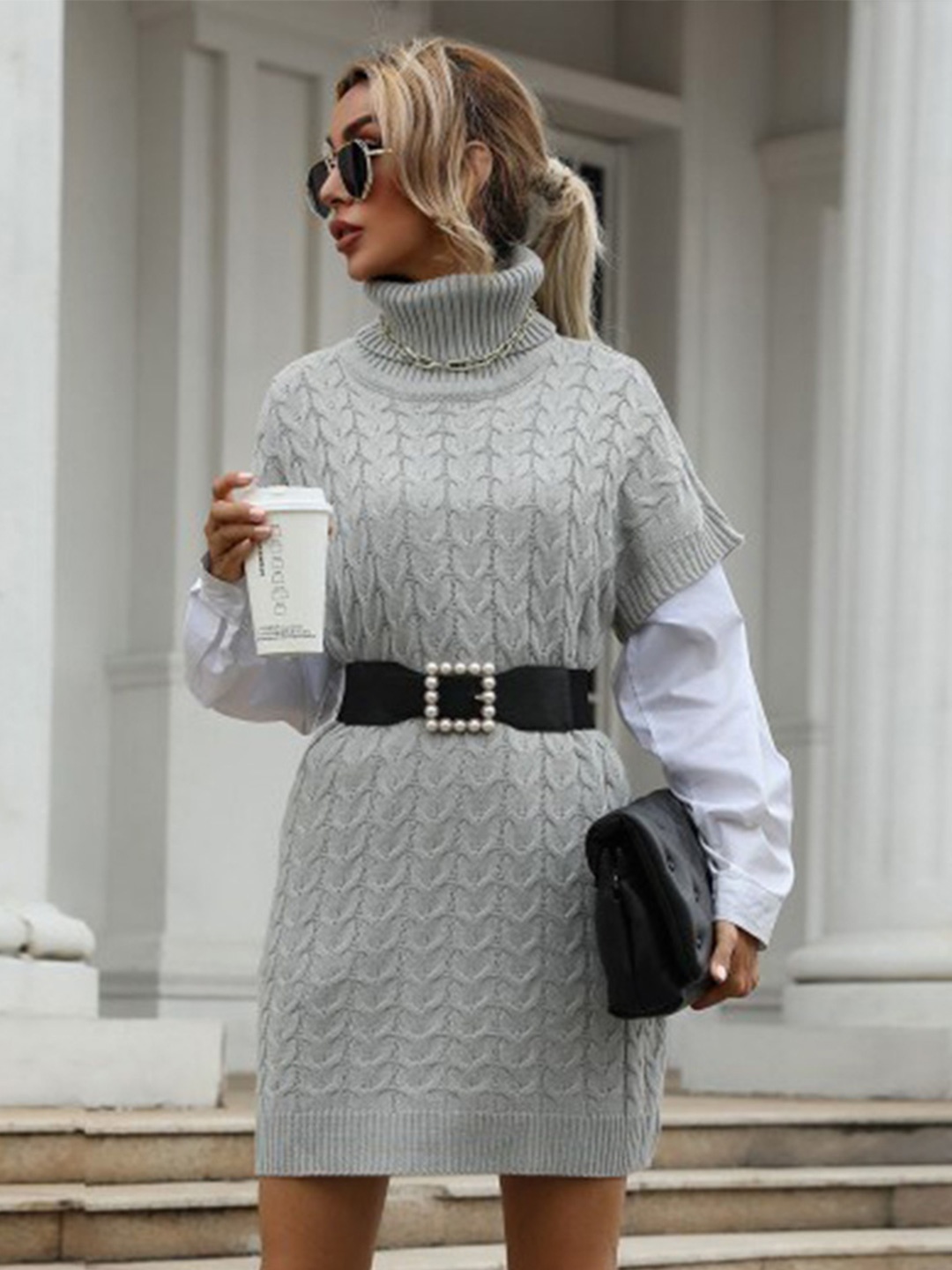 

StyleCast Grey Self Design Turtle Neck Extended Sleeves Jumper Dress