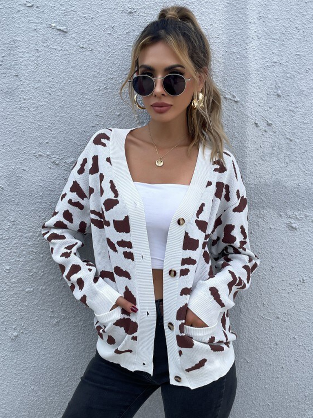 

StyleCast White & Brown Abstract Self Design Cardigan Sweater