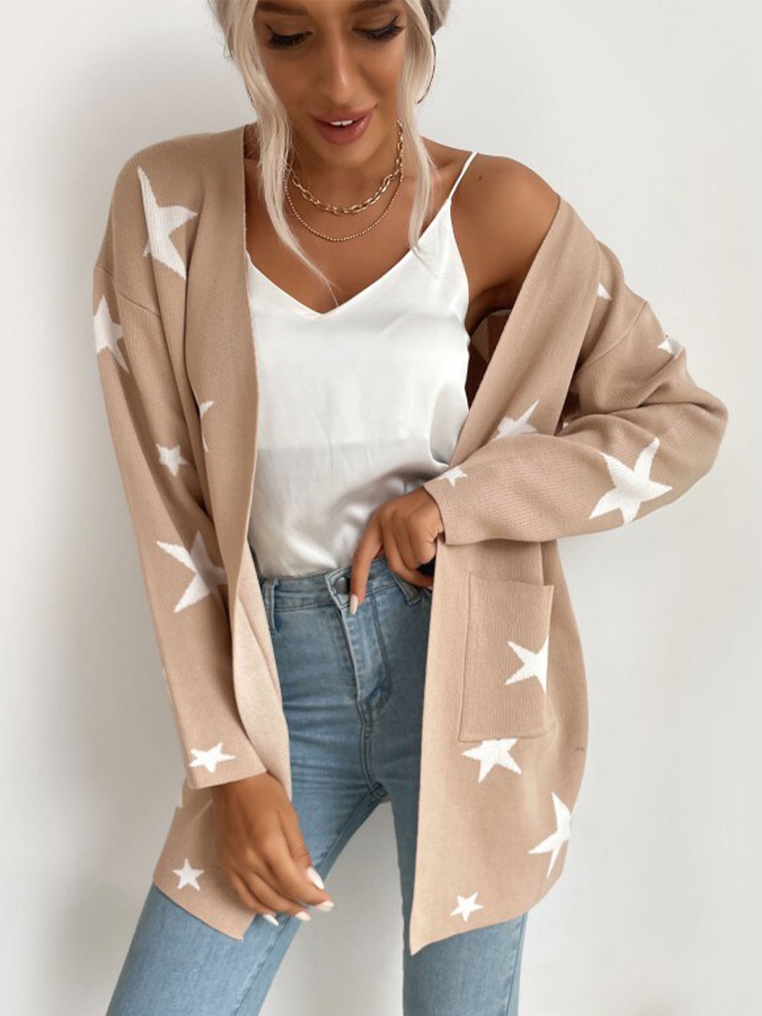 

StyleCast Khaki Geometric Self Design Front Open Sweater