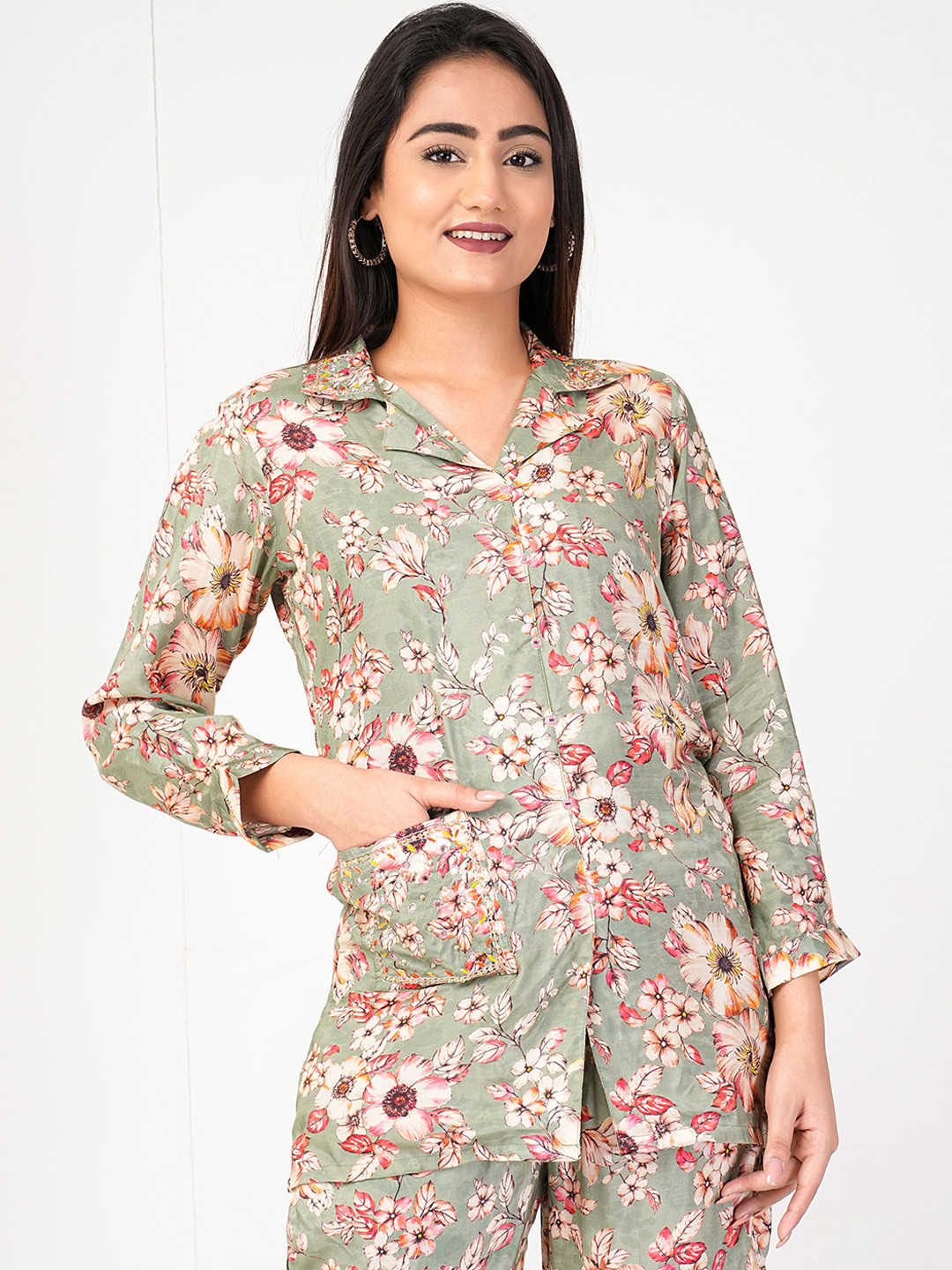 

ZOYOTO Floral Printed Shirt With Trousers, Green