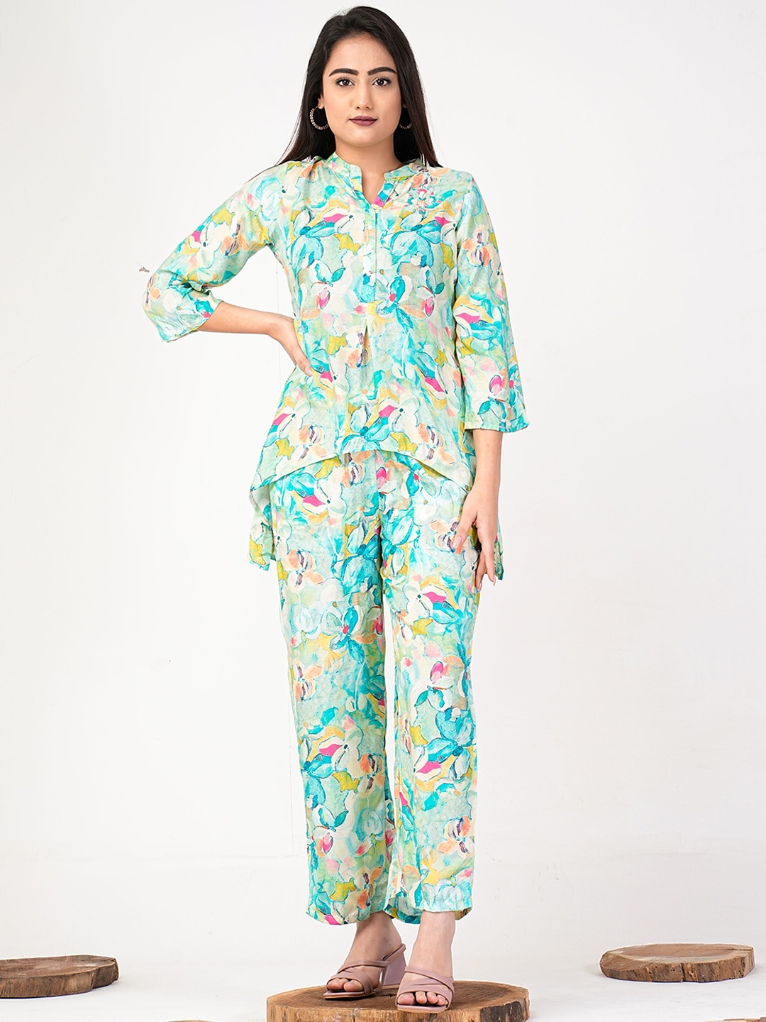 

ZOYOTO Floral Printed Mandarin Collar Shirt With Trousers, Blue