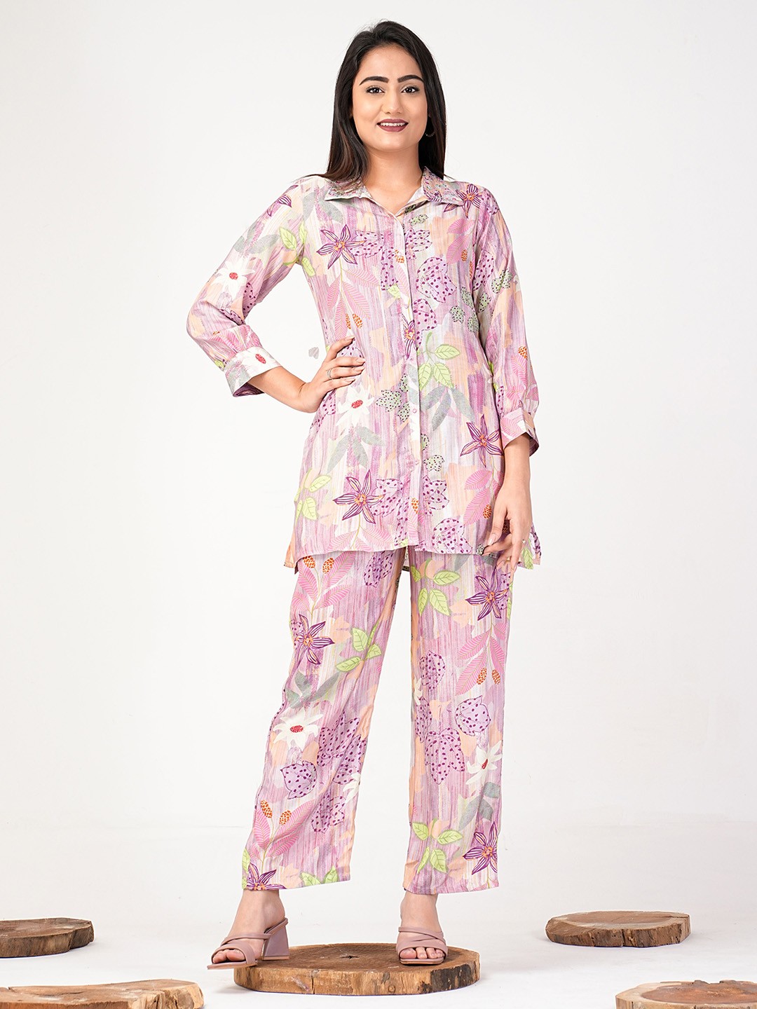 

ZOYOTO Floral Printed Shirt with Trouser, Pink