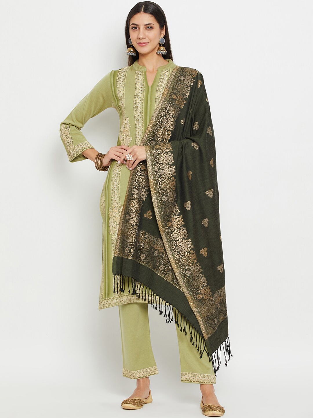 

Zigo Winter Wear Floral Printed Mandarin Collar Acrylic Kurta With Trousers & Dupatta, Sea green