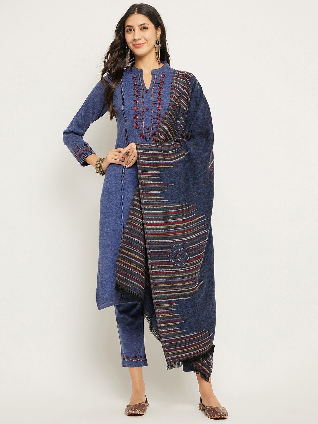 

Zigo Winter Wear Floral Embroidered Acrylic Kurta with Palazzos & Dupatta, Blue