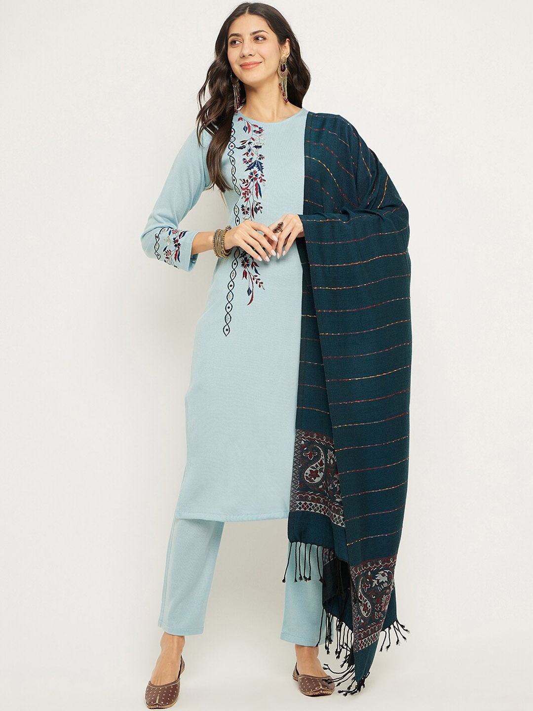 

Zigo Floral Embroidered Mirror Work Kurta With Palazzos & Dupatta, Blue