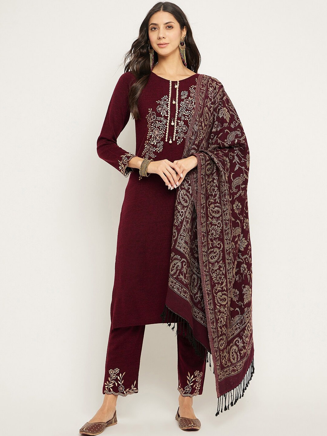 

Zigo Winter Wear Floral Yoke Design Acrylic Straight Kurta With Trousers & Dupatta, Maroon