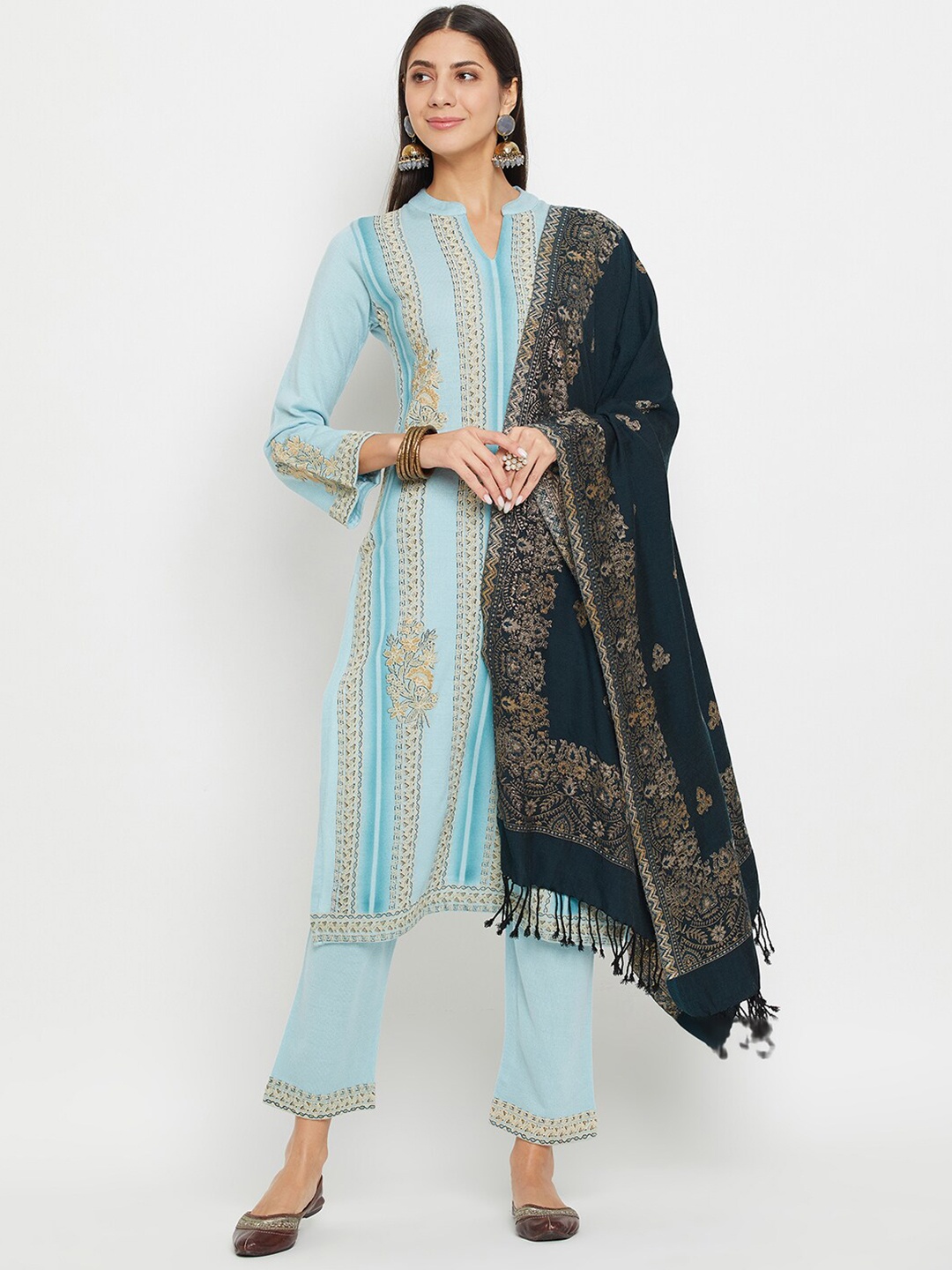 

Zigo Winter Wear Striped Acrylic Straight Kurta With Trousers & Dupatta, Blue