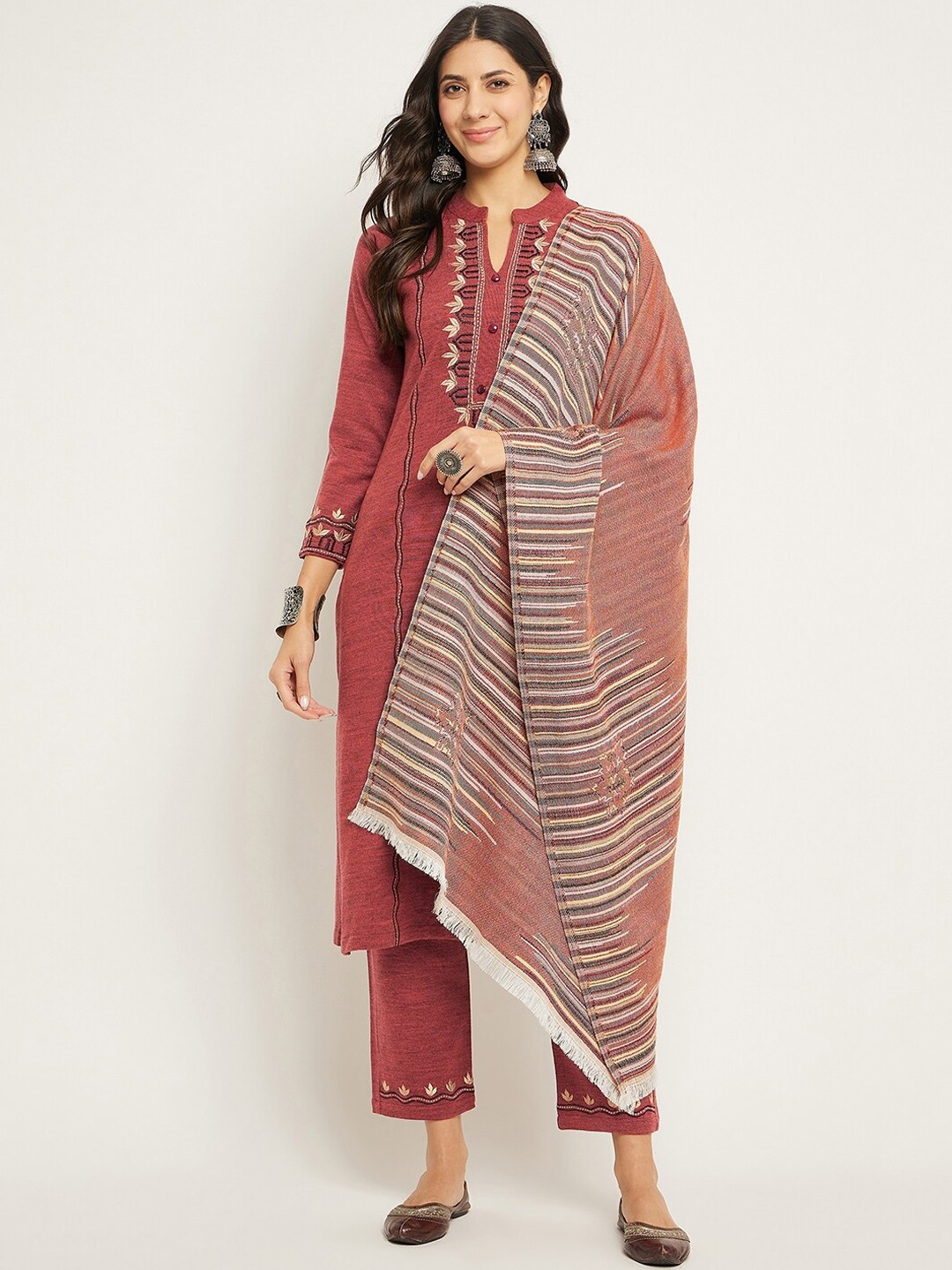 

Zigo Winter Wear Floral Yoke Design Acrylic Straight Kurta With Trousers & Dupatta, Rust