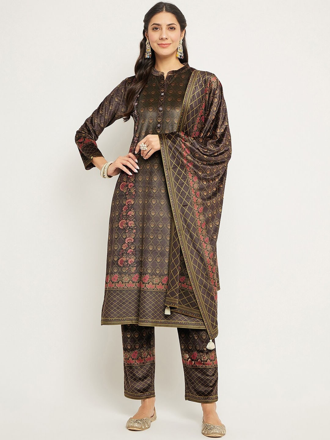 

Zigo Winter Wear Ethnic Motifs Printed Velvet Straight Kurta With Trousers & Dupatta, Coffee brown