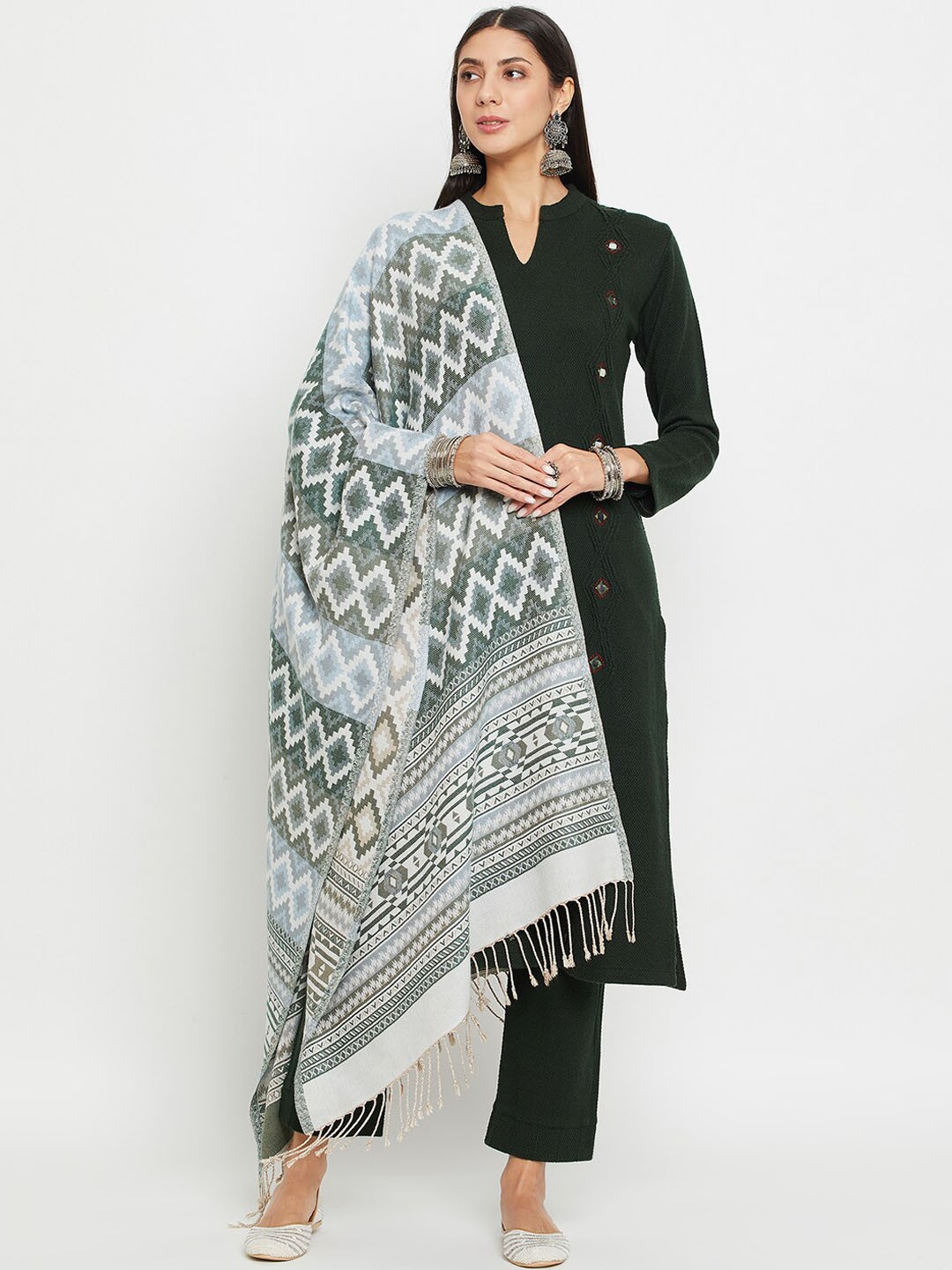 

Zigo Winter Wear Mandarin Collar Mirror Work Detail Knitted Straight Kurta & Trousers With Dupatta, Green