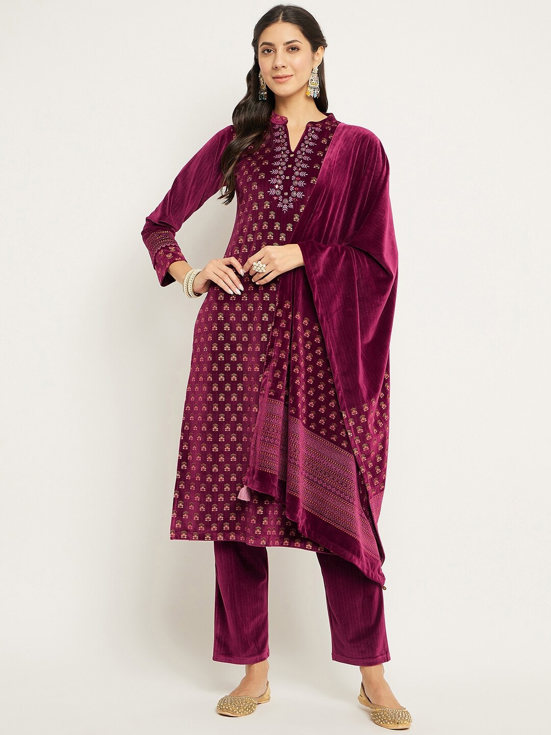

Zigo Winter Wear Ethnic Motifs Printed Regular Mirror Work Velvet Kurta With Palazzos & Dupatta, Maroon