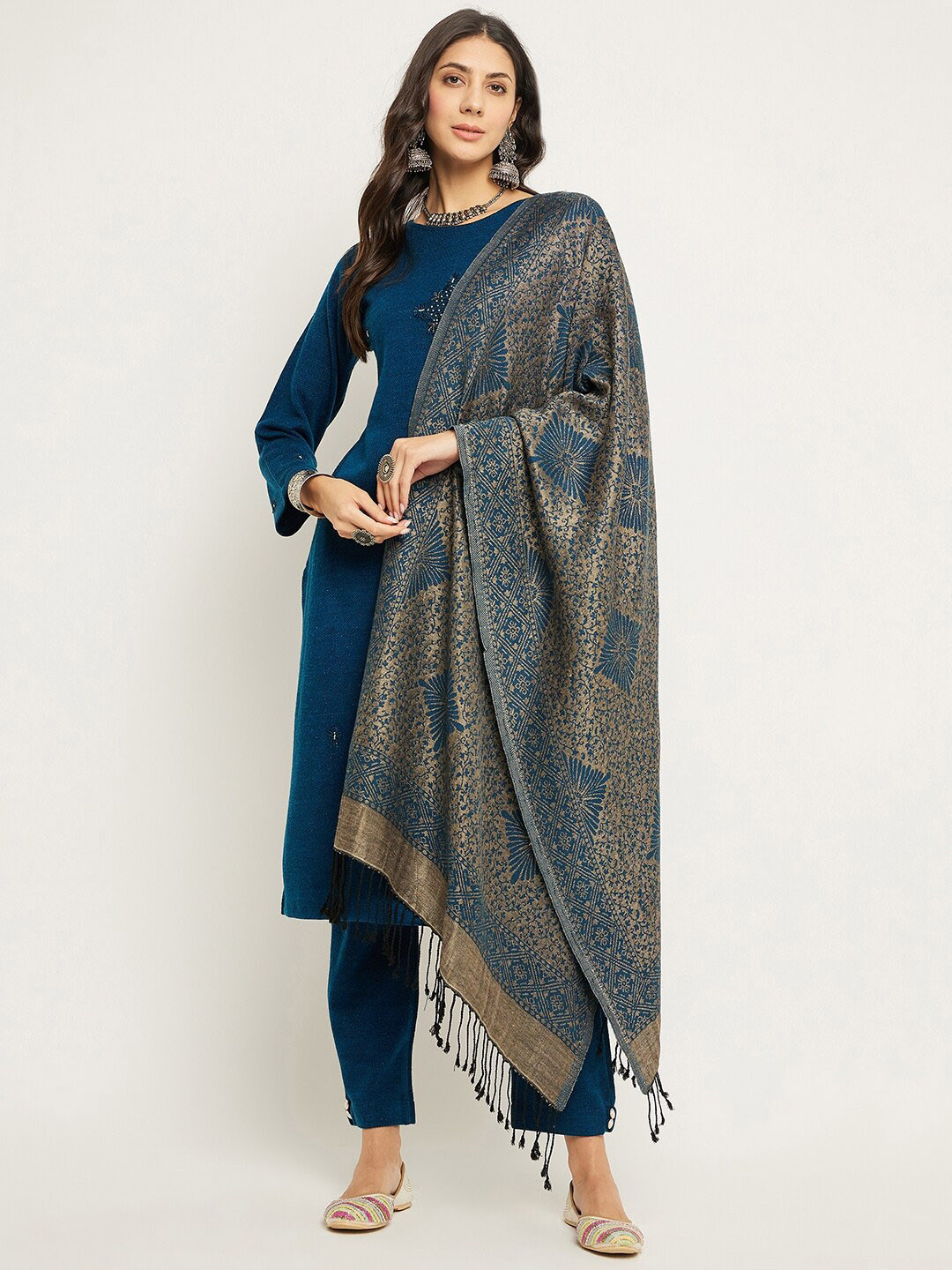 

Zigo Winter Wear Embroidered Regular Acrylic Kurta & Palazzos With Dupatta, Teal