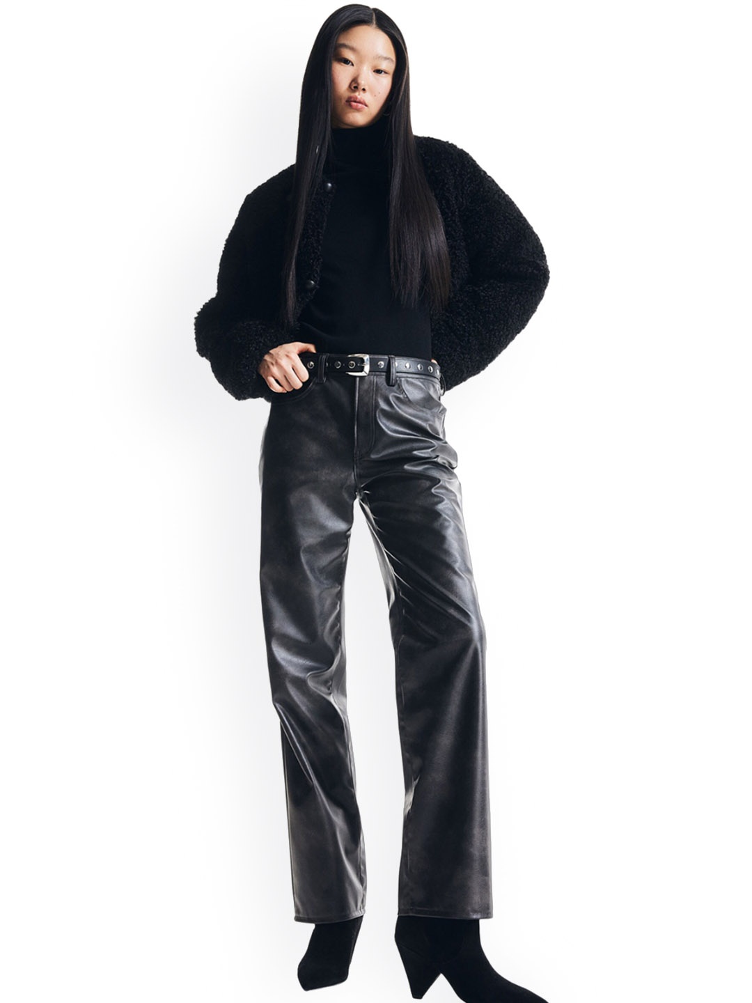 

H&M Women 90s Straight Coated Trousers, Black