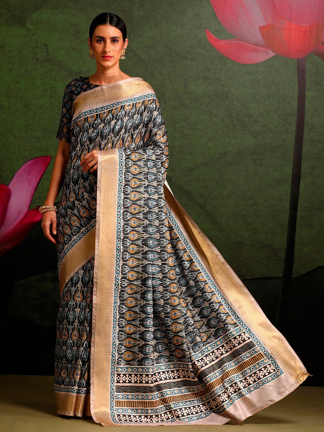 

Saree mall Ethnic Motif Printed Zari Sungudi Sarees, Black