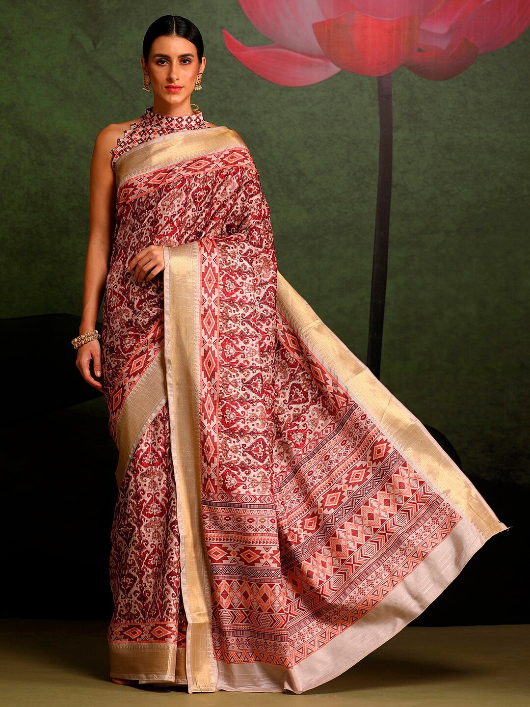 

Saree mall Maroon & Gold-Toned Ethnic Motifs Printed Zari Saree