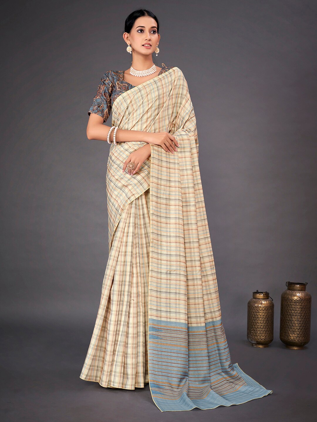 

Mitera Grey Striped Block Print Saree