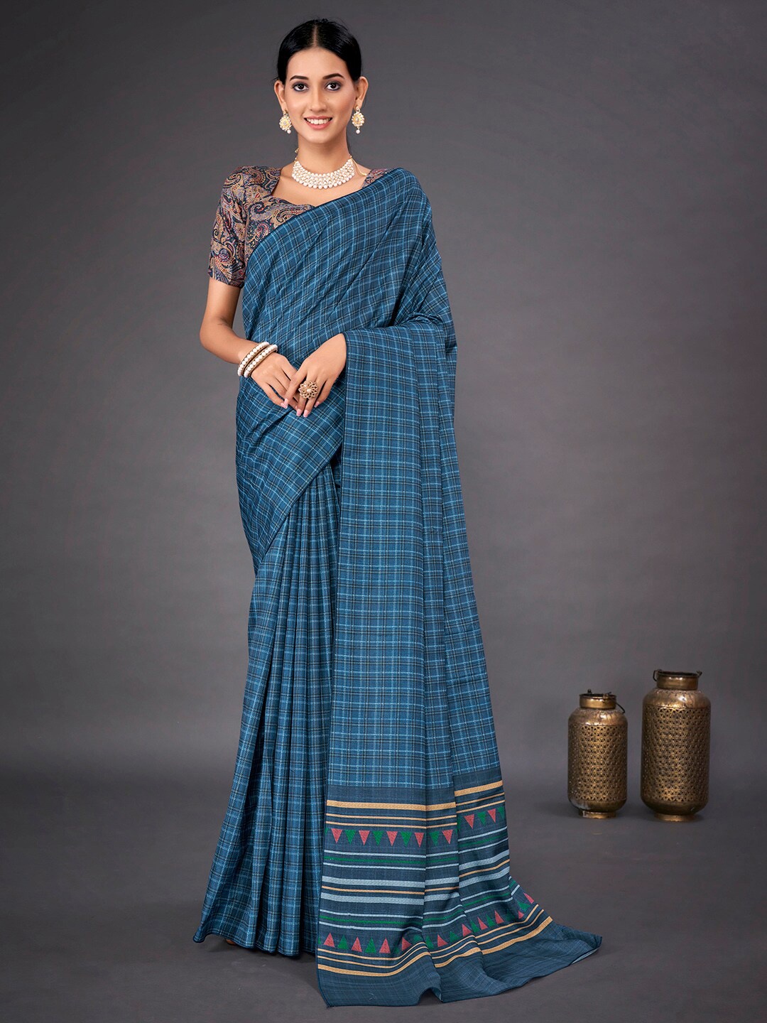 

Mitera Teal Checked Silk Blend Saree