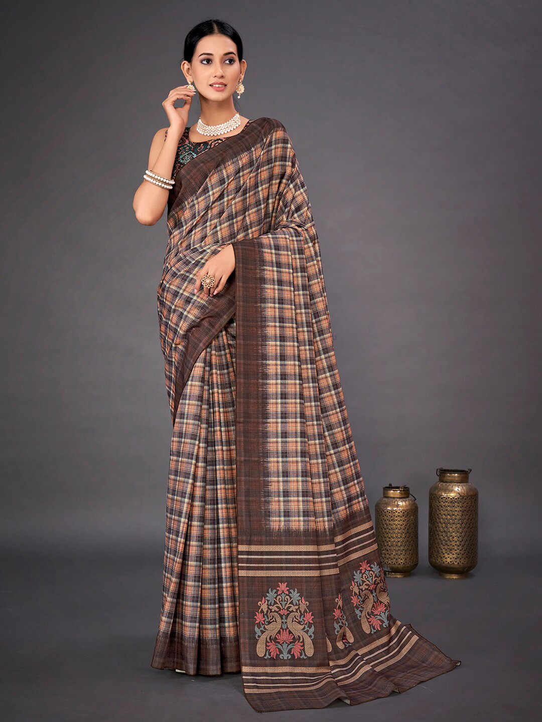 

Mitera Brown Checked Block Print Saree