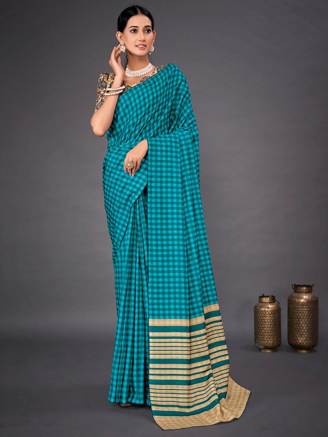 

Mitera Blue Checked Block Print Saree