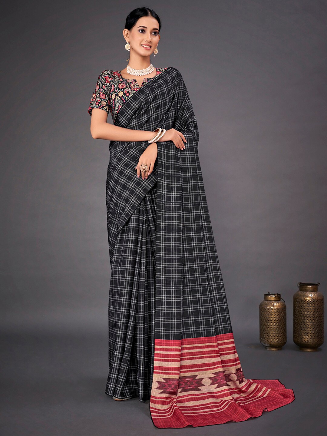 

Mitera Black Checked Block Print Saree