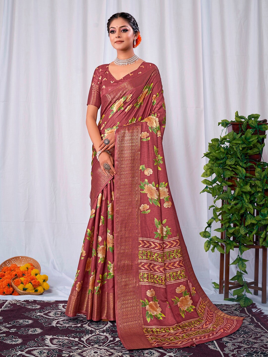 

Mitera Burgundy & Green Floral Printed Zari Saree