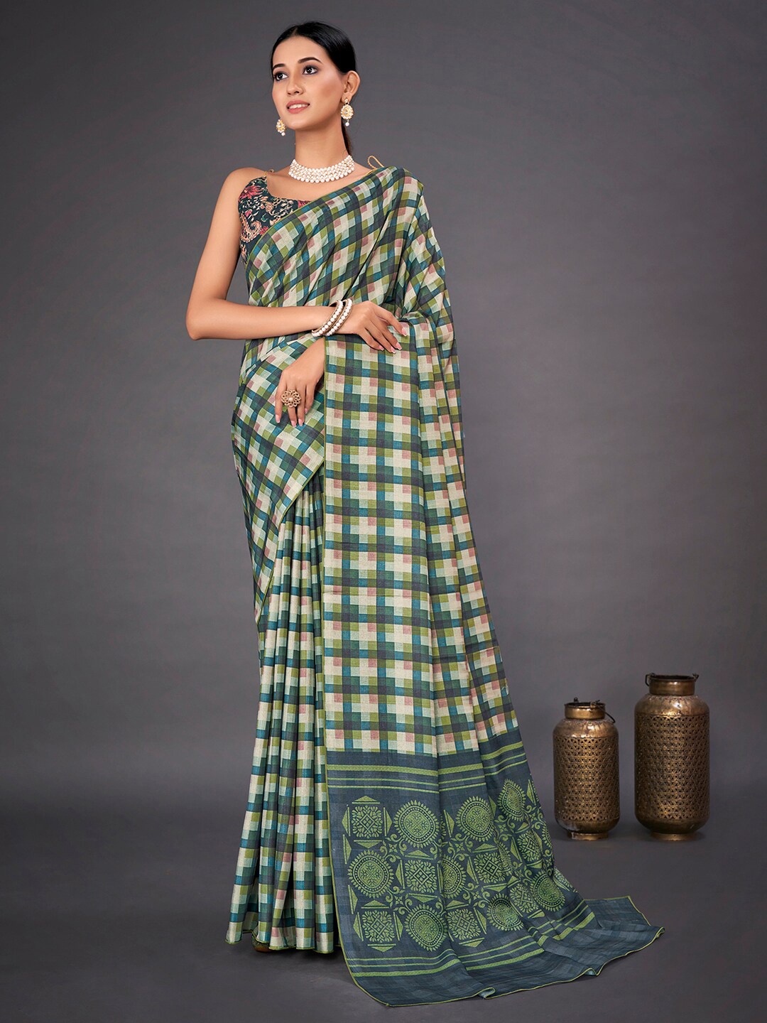

Mitera Teal Checked Block Print Saree