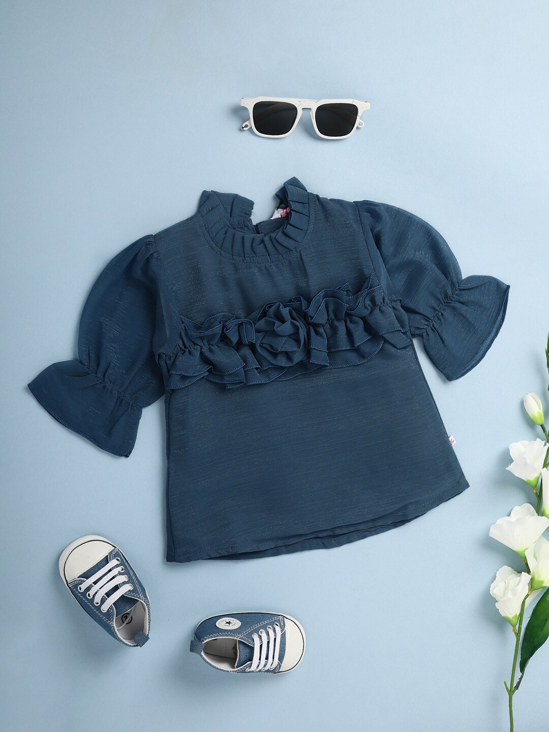 

V-Mart Girls Puff Sleeves Ruffles Georgette Top, Blue