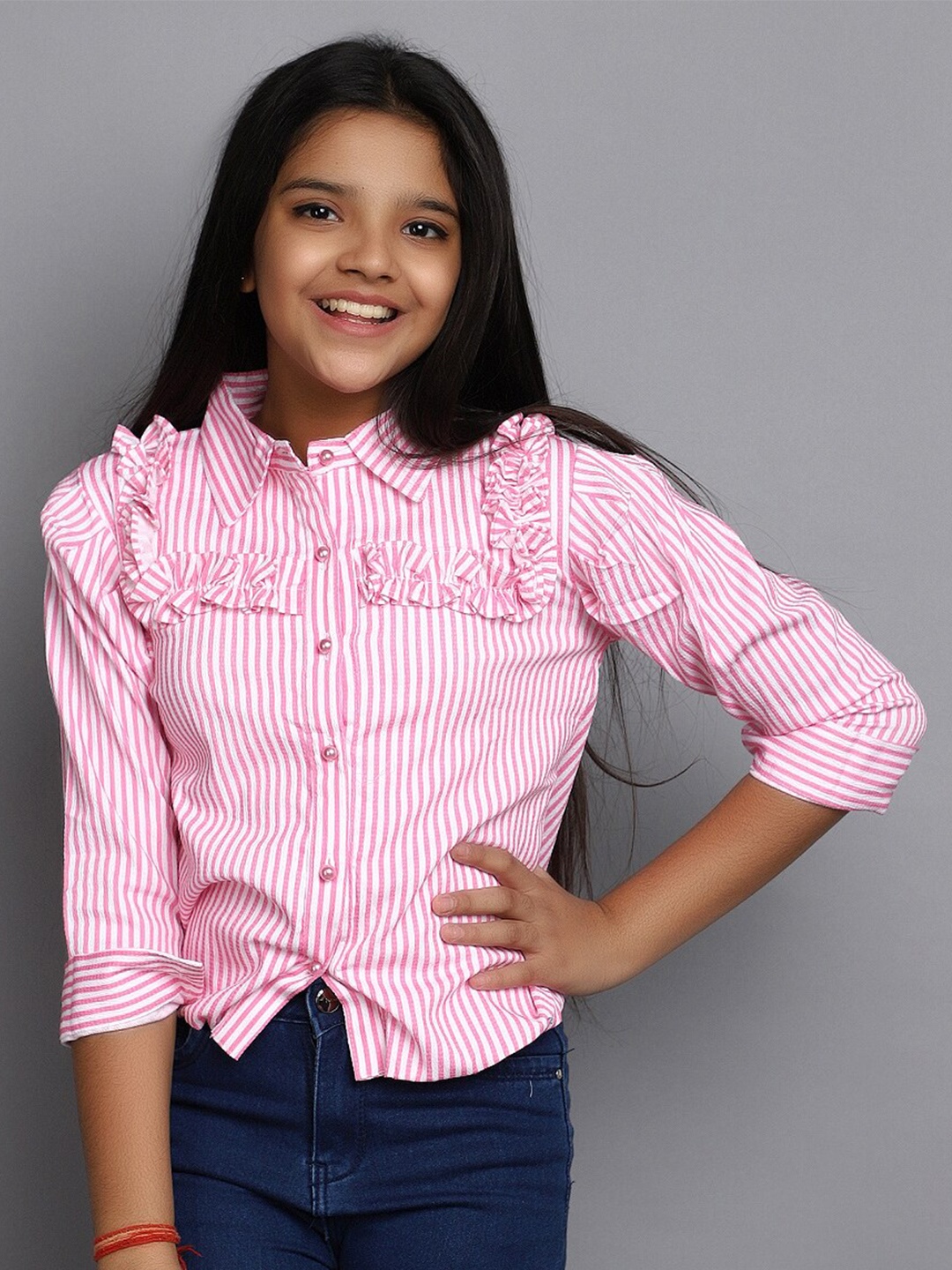 

V-Mart Girls Striped Shirt Collar Cotton Blouson Top, Pink