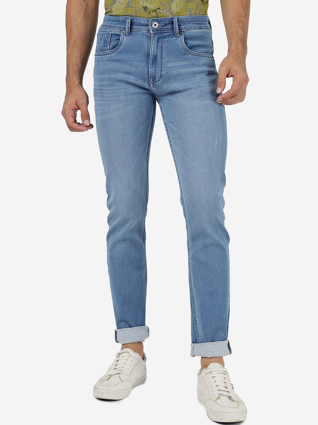 

Greenfibre Men Slim Fit Mid-Rise Low Distress Light Fade Stretchable Jeans, Blue