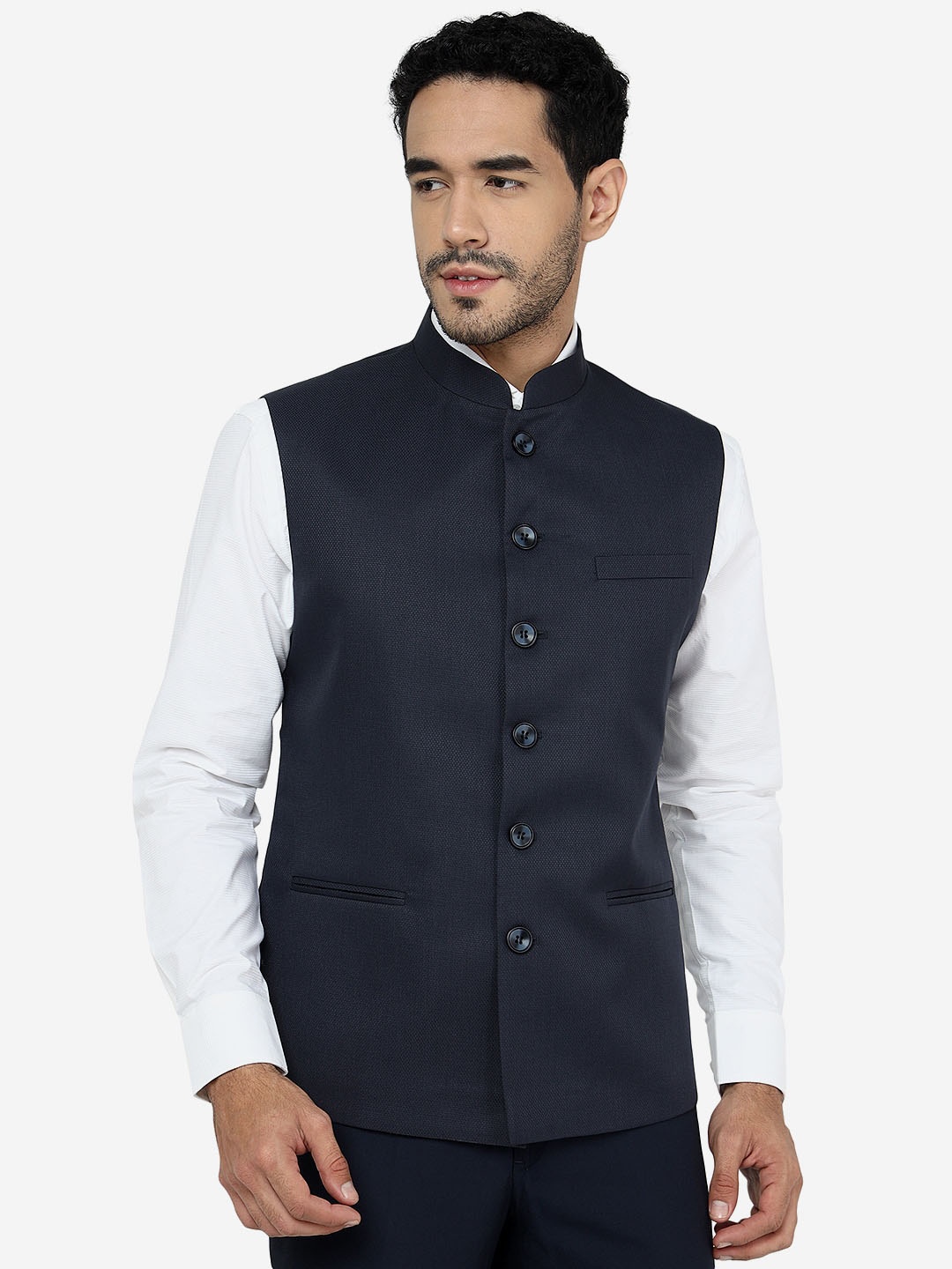

Greenfibre Mandarin Collar Woollen Nehru Jacket, Navy blue