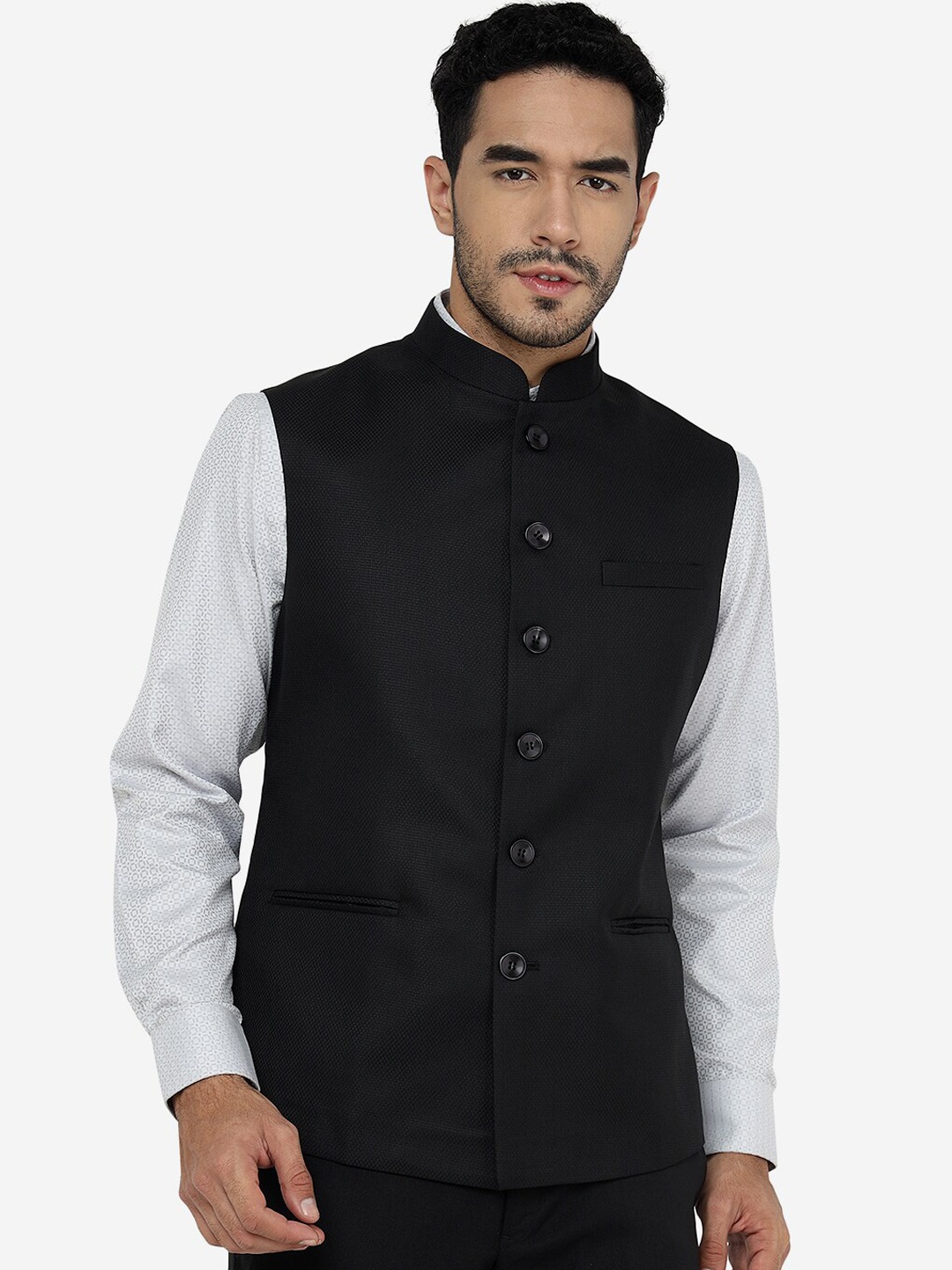 

Greenfibre Mandarin Collar Sleeveless Nehru Jackets, Black