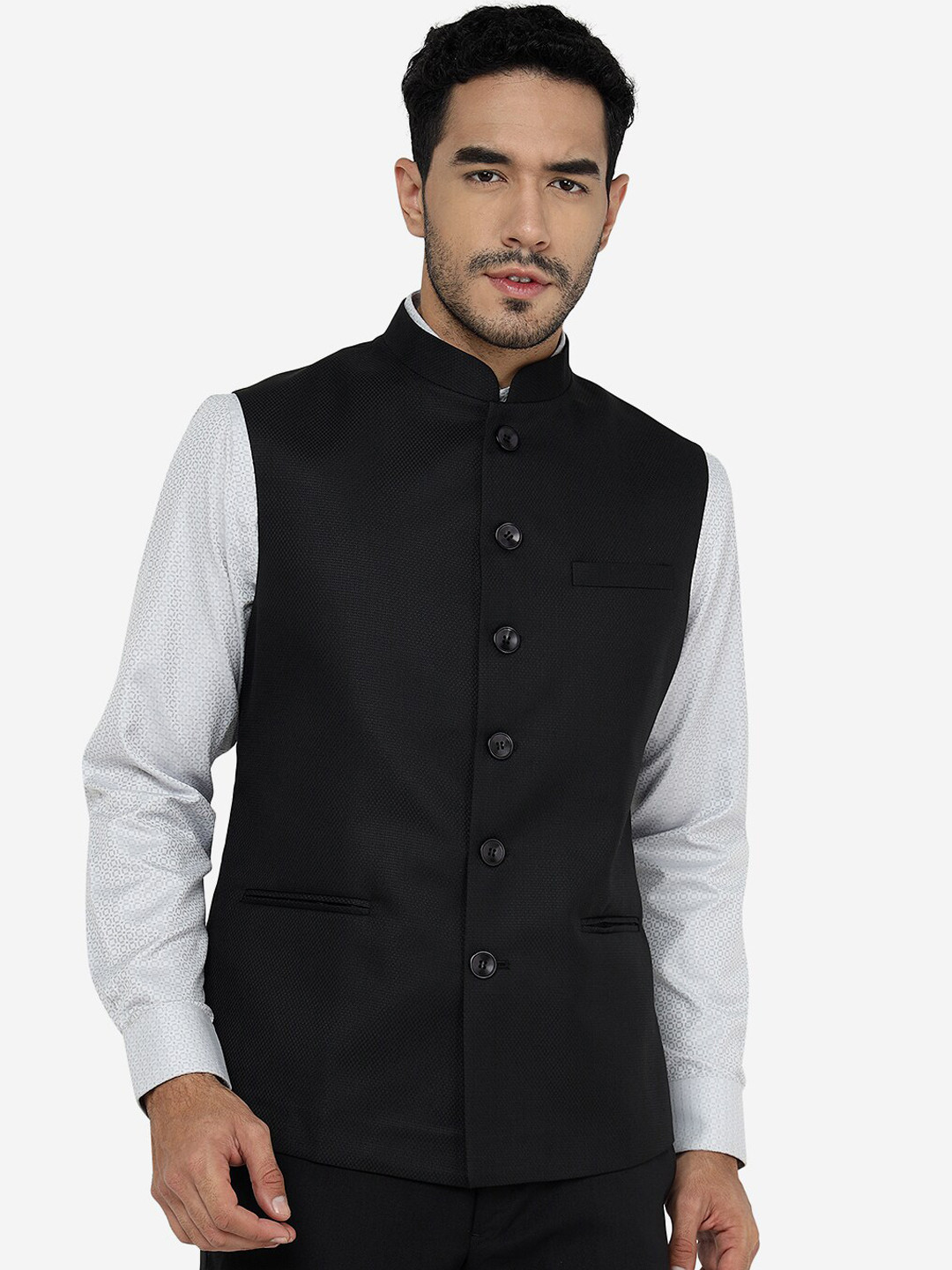 

Greenfibre Manadrin Collar Woolen Bandhgala Nehru Jacket, Black