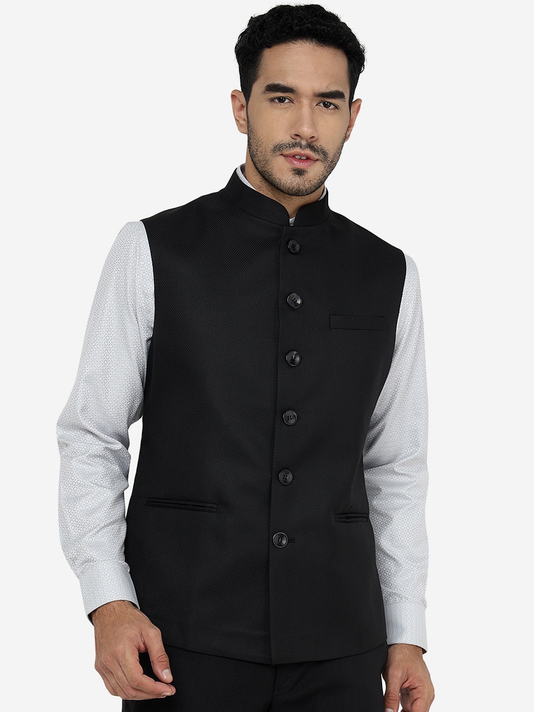 

Greenfibre Mandarin Collar Sleeveless Nehru Jackets, Black