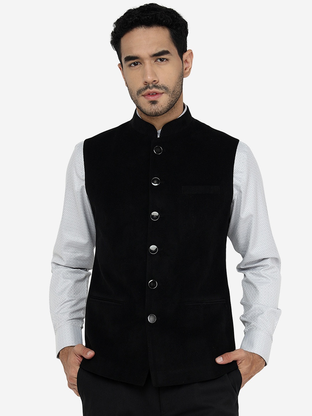 Greenfibre Mandarin Collar Woollen Corduroy Nehru Jackets, Black