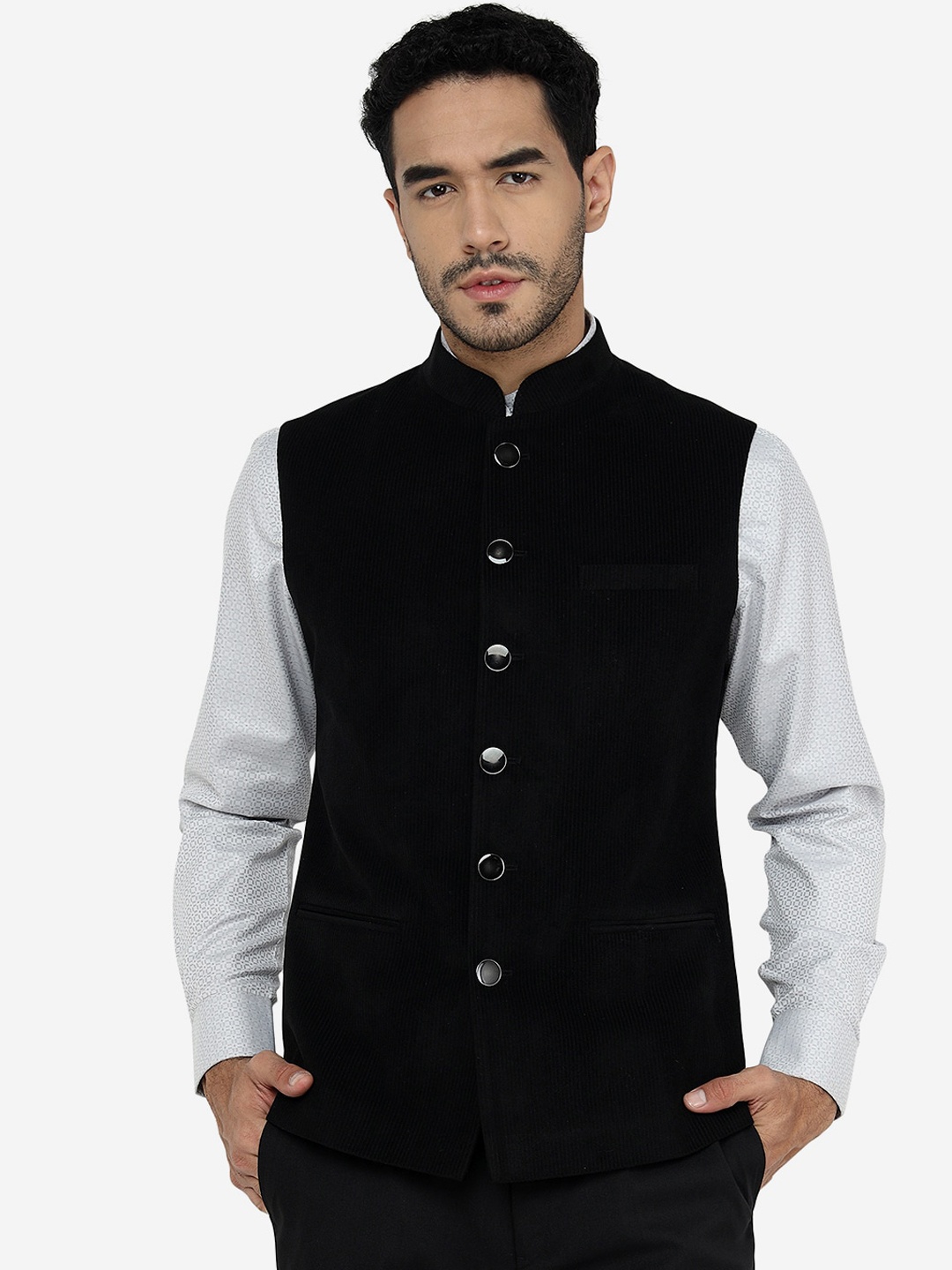 

Greenfibre Striped Mandarin Collar Pure Wool Nehru Jacket, Black