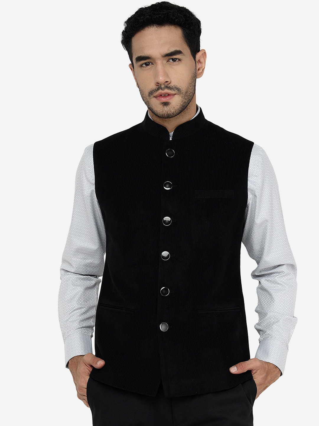 

Greenfibre Mandarin Collar Sleeveless Nehru Jackets, Black
