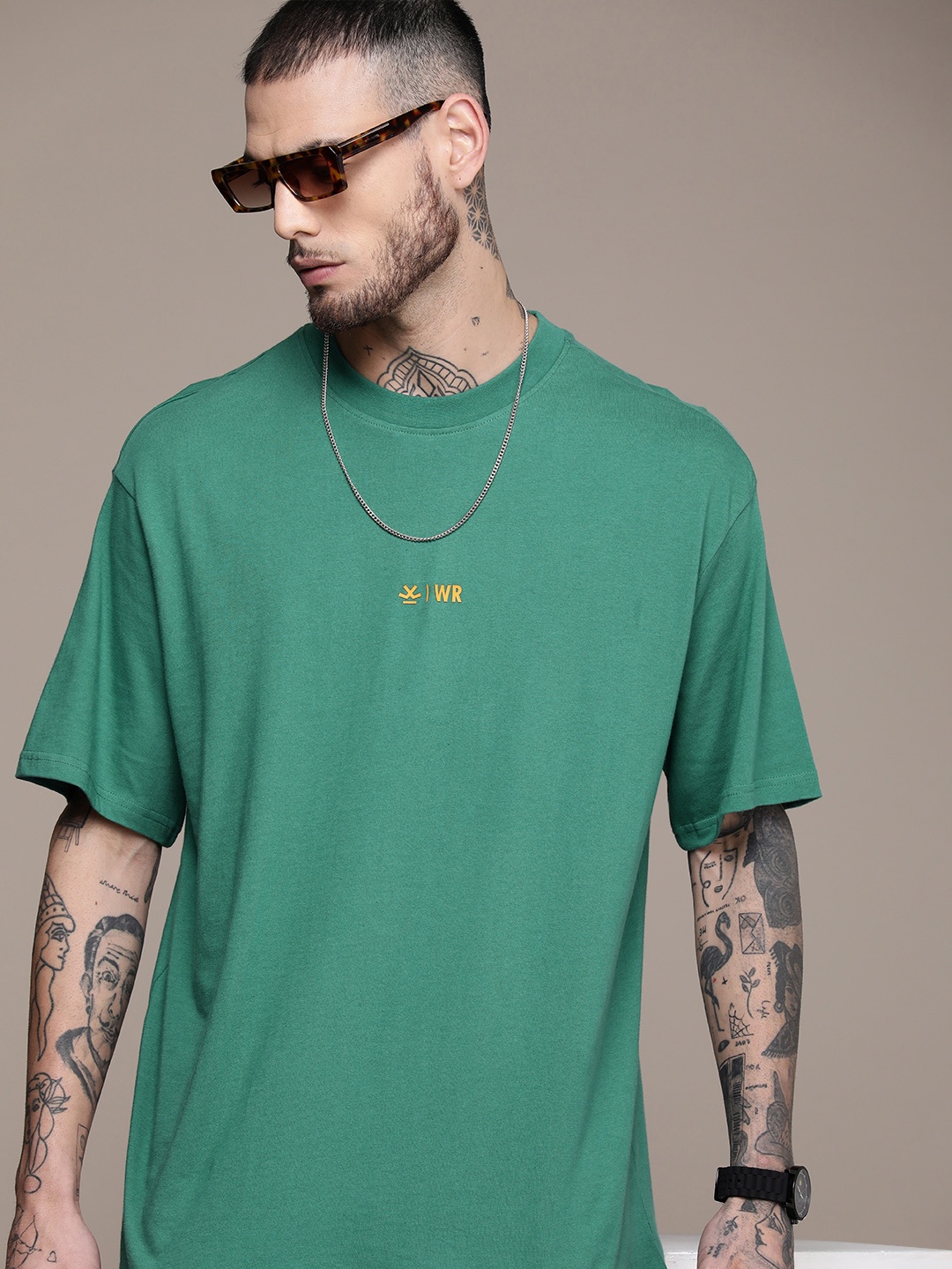 

WROGN Pure Cotton Drop-Shoulder Sleeves Oversized T-shirt, Green