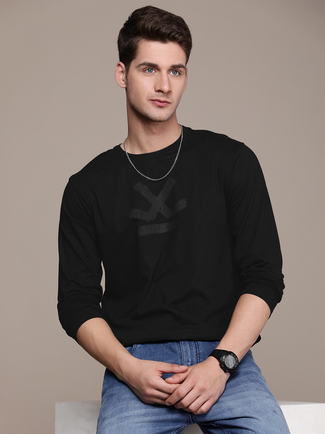 

WROGN Brand Logo Printed Casual T-shirt, Black