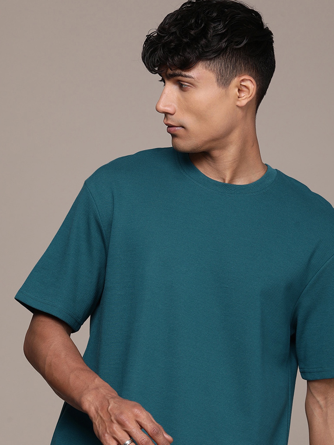 

WROGN Round Neck Ribbed Oversized T-shirts, Teal