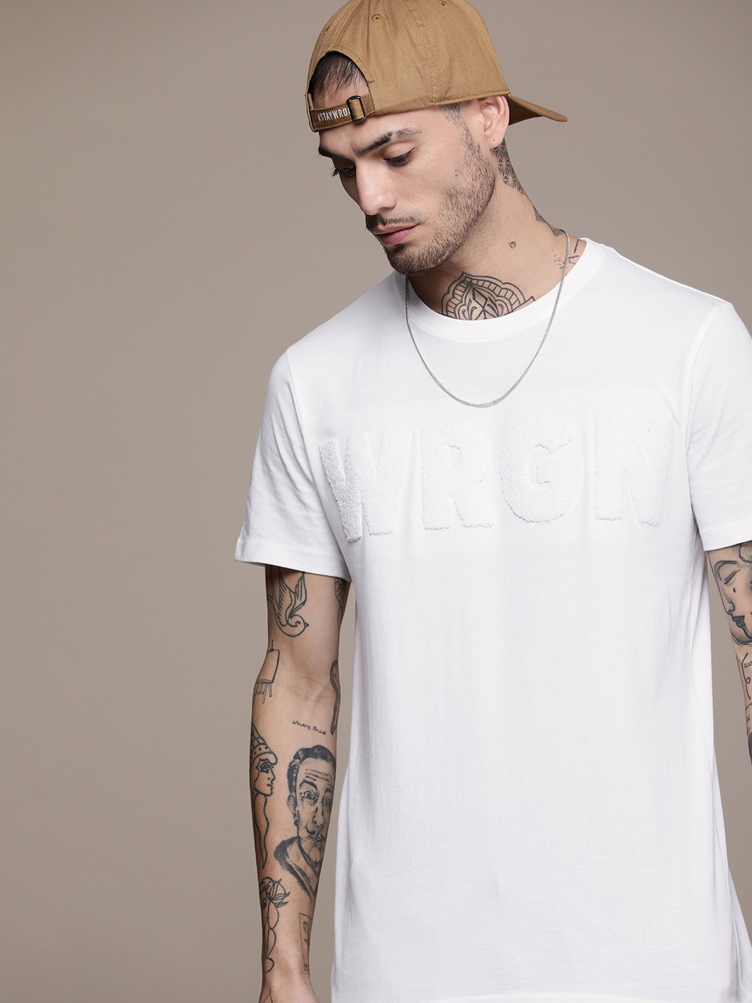 

WROGN Brand Logo Embroidered Slim Fit Pure Cotton Casual T-shirt, White