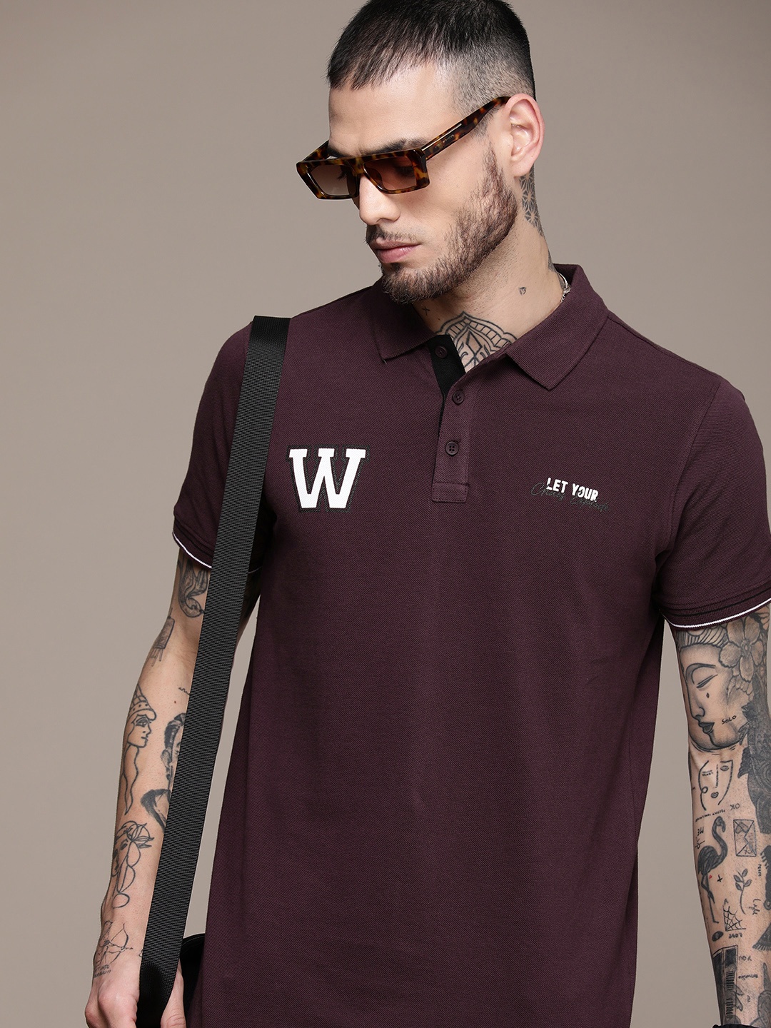 

WROGN Typography Printed Slim Fit Pure Cotton Polo Collar T-shirt, Purple