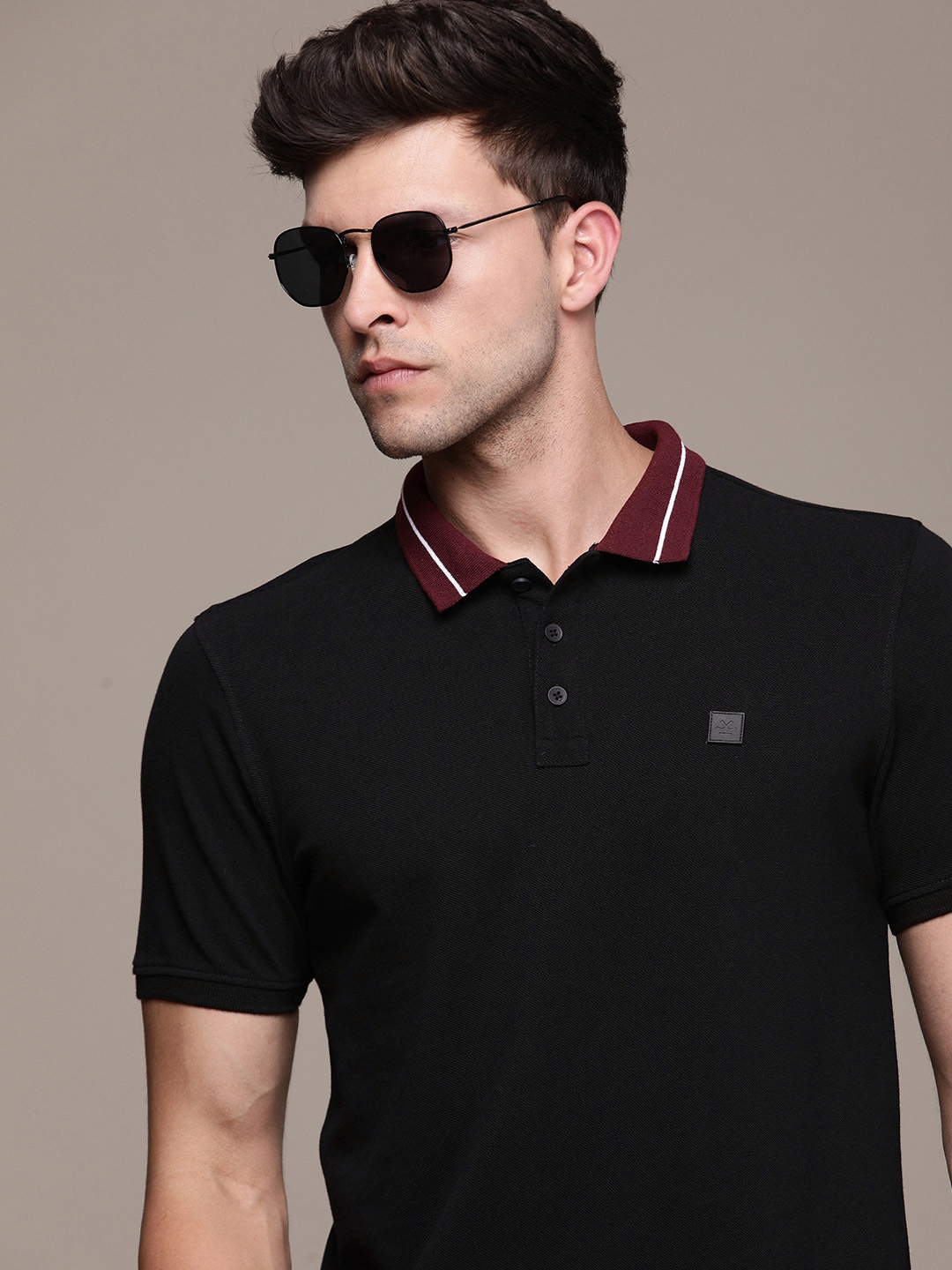 

WROGN Pure Cotton Polo Collar Slim Fit Casual T-shirt, Black