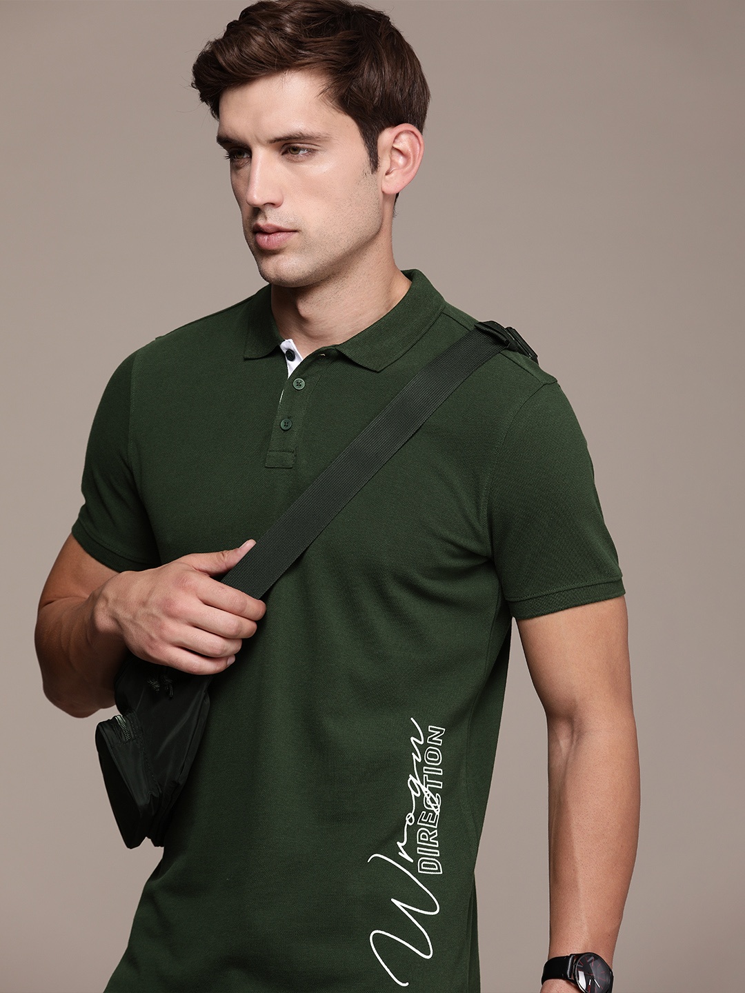 

WROGN Pure Cotton Printed Slim Fit Polo Collar T-shirt, Green